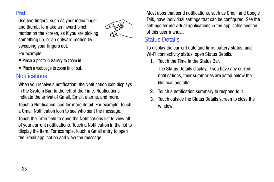 Samsung GT-P5113ZWYXAR user manual Notifications, Status Details, Pinch 