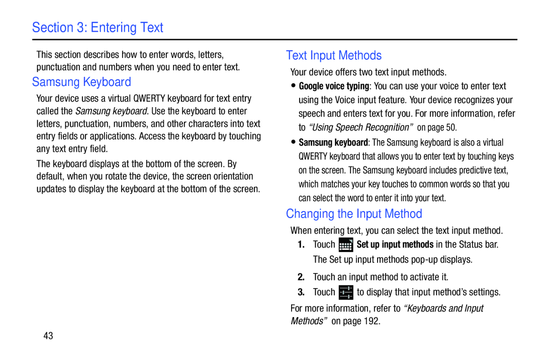 Samsung GT-P5113ZWYXAR user manual Entering Text, Samsung Keyboard, Text Input Methods, Changing the Input Method 