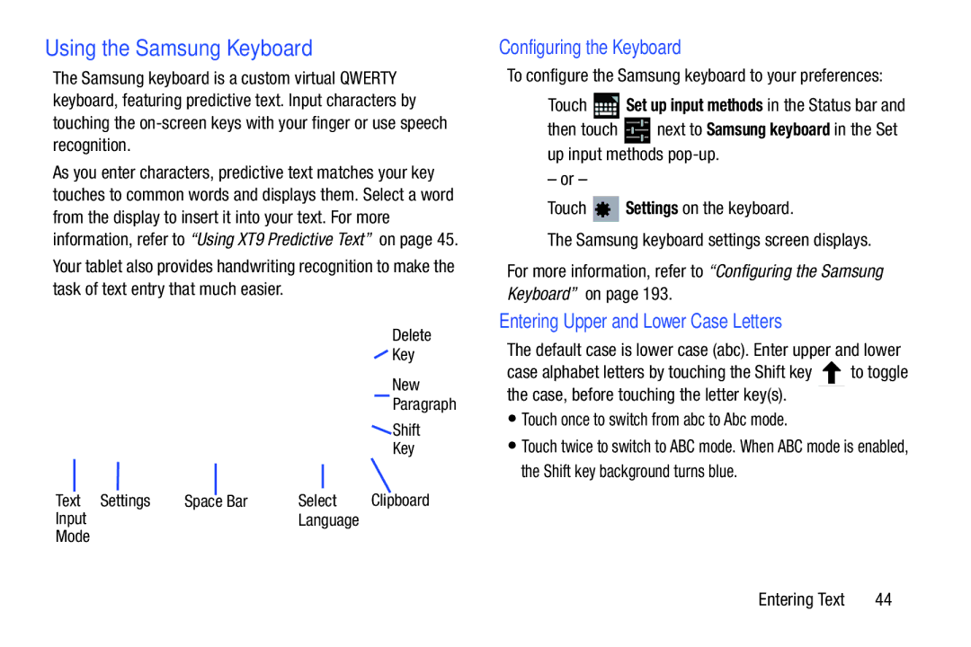 Samsung GT-P5113ZWYXAR Using the Samsung Keyboard, Configuring the Keyboard, Entering Upper and Lower Case Letters 