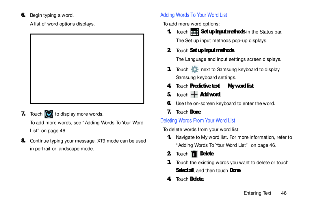 Samsung GT-P5113ZWYXAR user manual Adding Words To Your Word List, Touch Predictive text My word list Touch Add word 