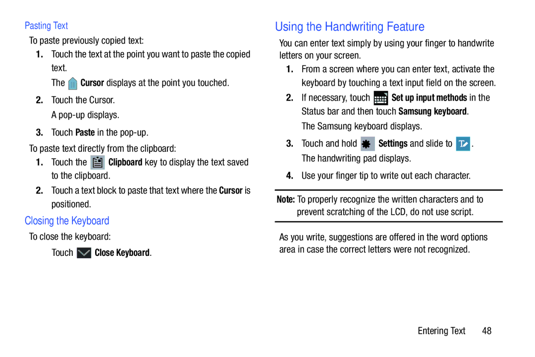 Samsung GT-P5113ZWYXAR Using the Handwriting Feature, Closing the Keyboard, Pasting Text,  Touch Close Keyboard 