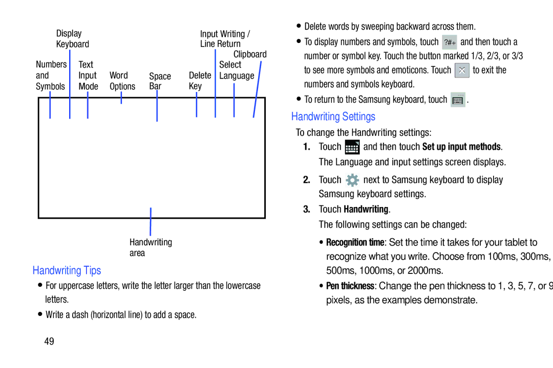 Samsung GT-P5113ZWYXAR user manual Handwriting Tips, Handwriting Settings, Touch Handwriting 