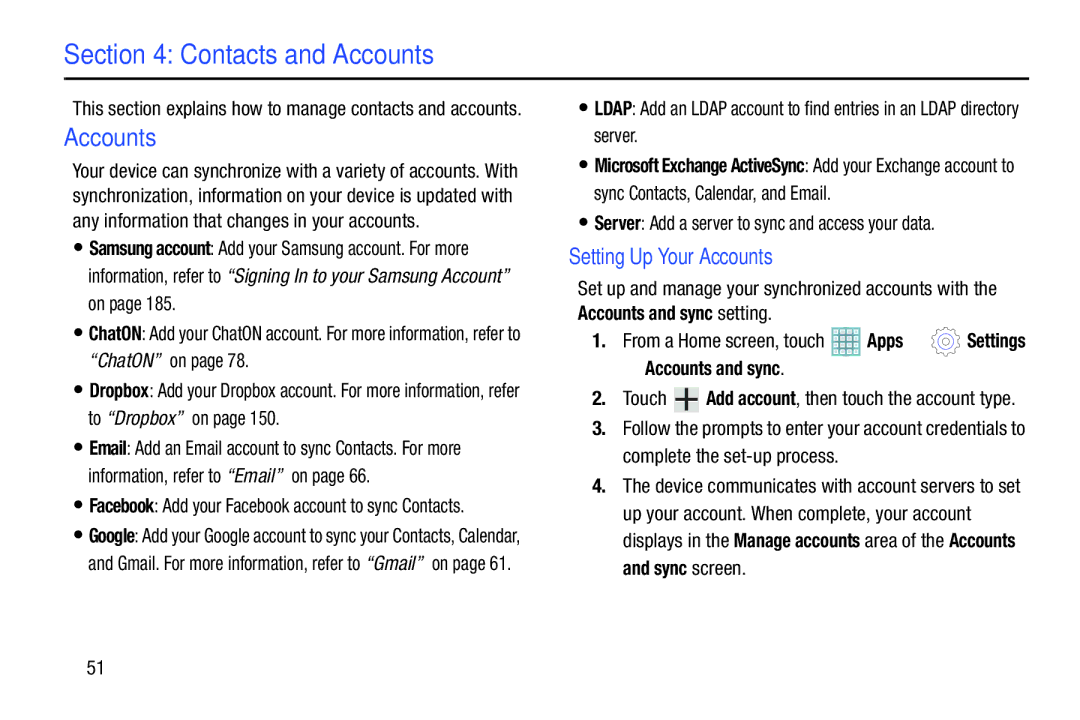 Samsung GT-P5113ZWYXAR Contacts and Accounts, Setting Up Your Accounts, Server Add a server to sync and access your data 