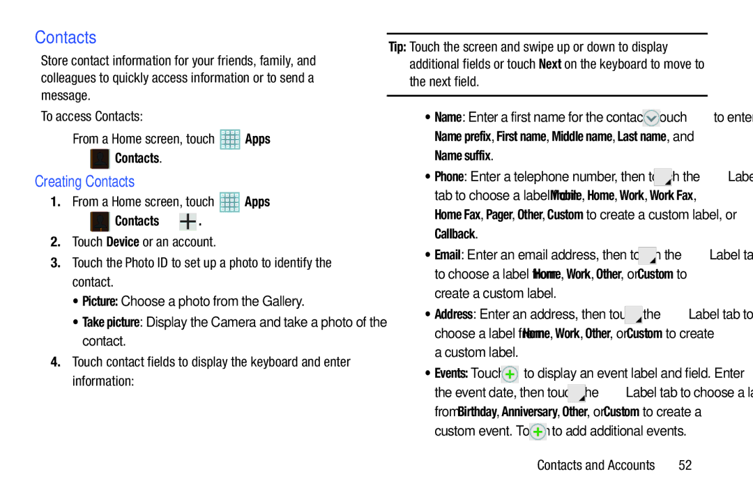 Samsung GT-P5113ZWYXAR user manual Creating Contacts, Name suffix 