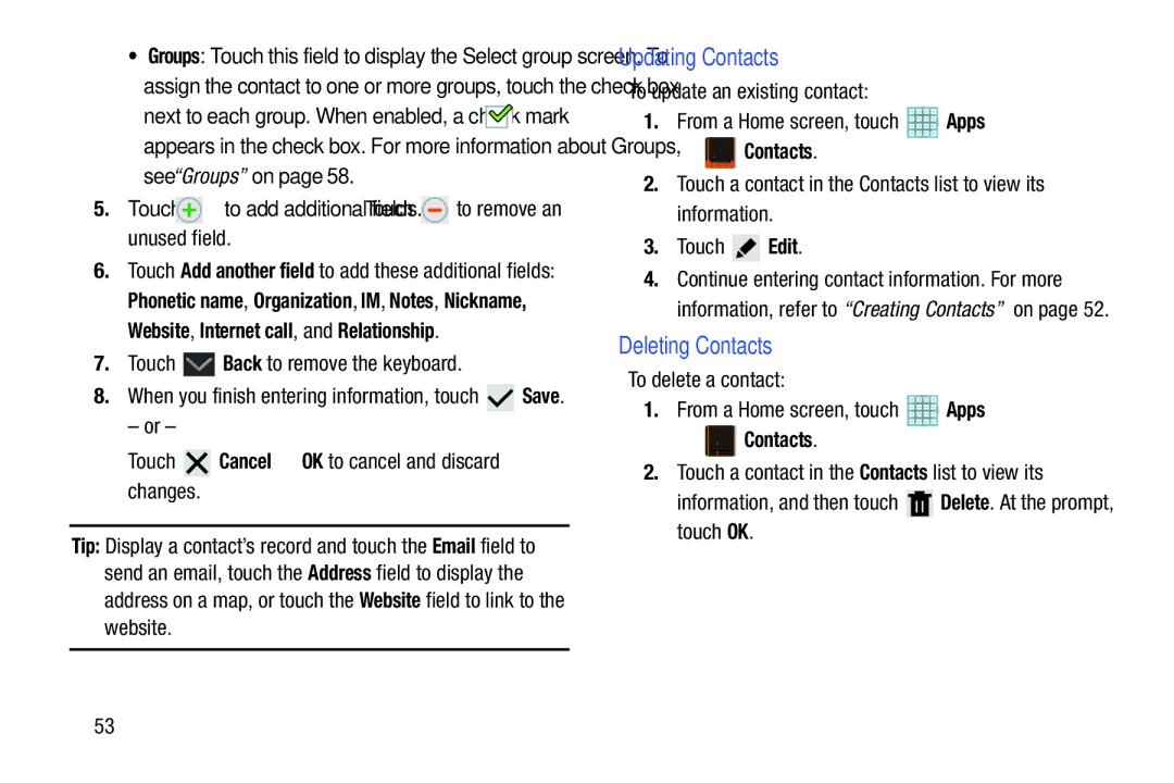 Samsung GT-P5113ZWYXAR user manual Updating Contacts, Deleting Contacts, Touch Back to remove the keyboard 