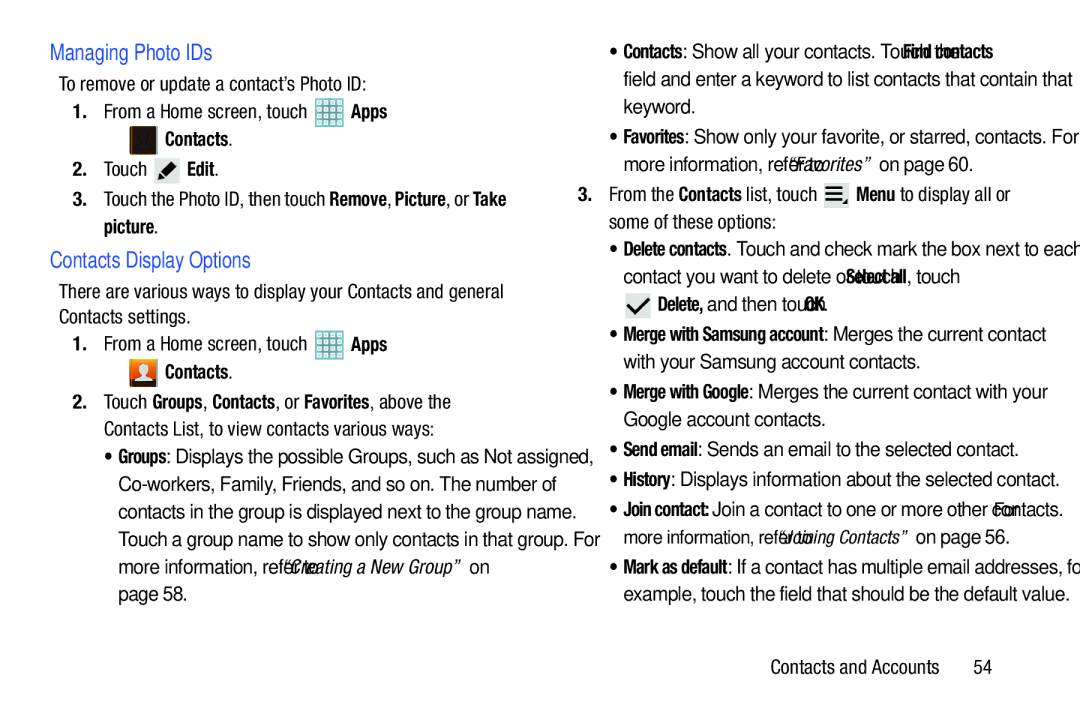 Samsung GT-P5113ZWYXAR user manual Managing Photo IDs, Contacts Display Options, Delete, and then touch OK 