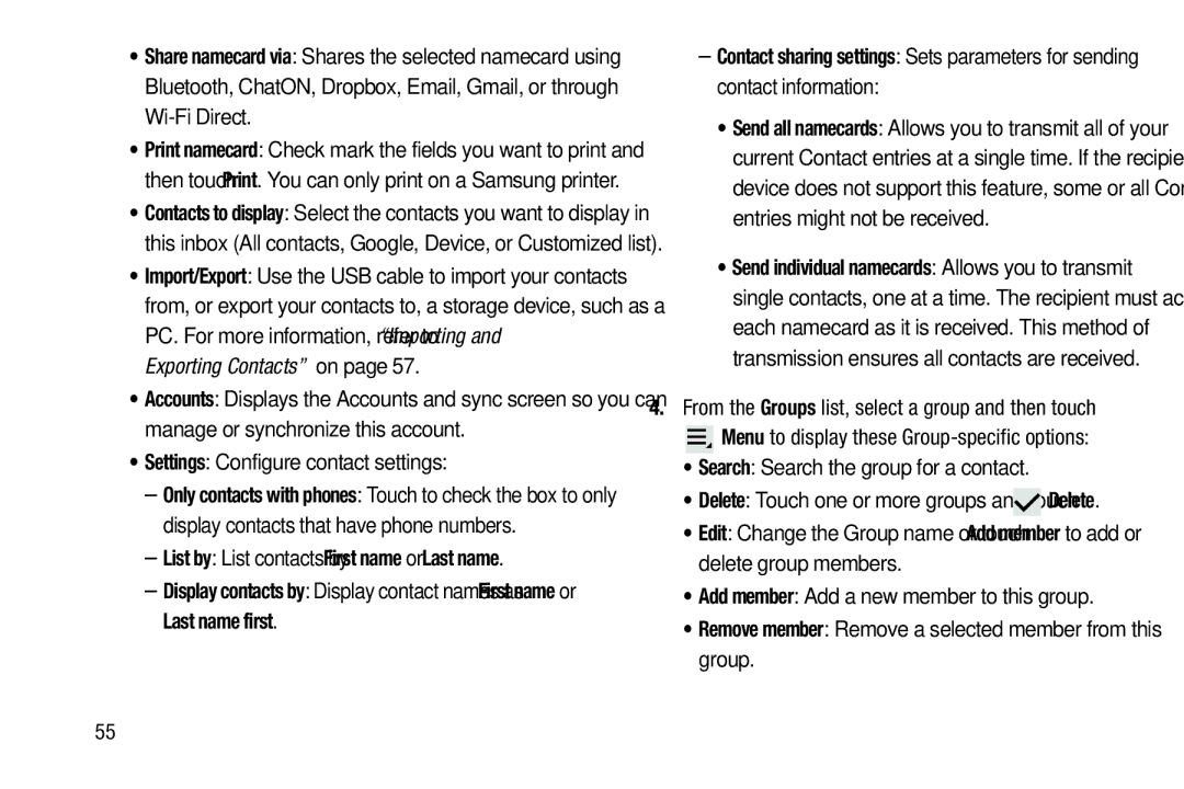 Samsung GT-P5113ZWYXAR Settings Configure contact settings, Remove member Remove a selected member from this group 