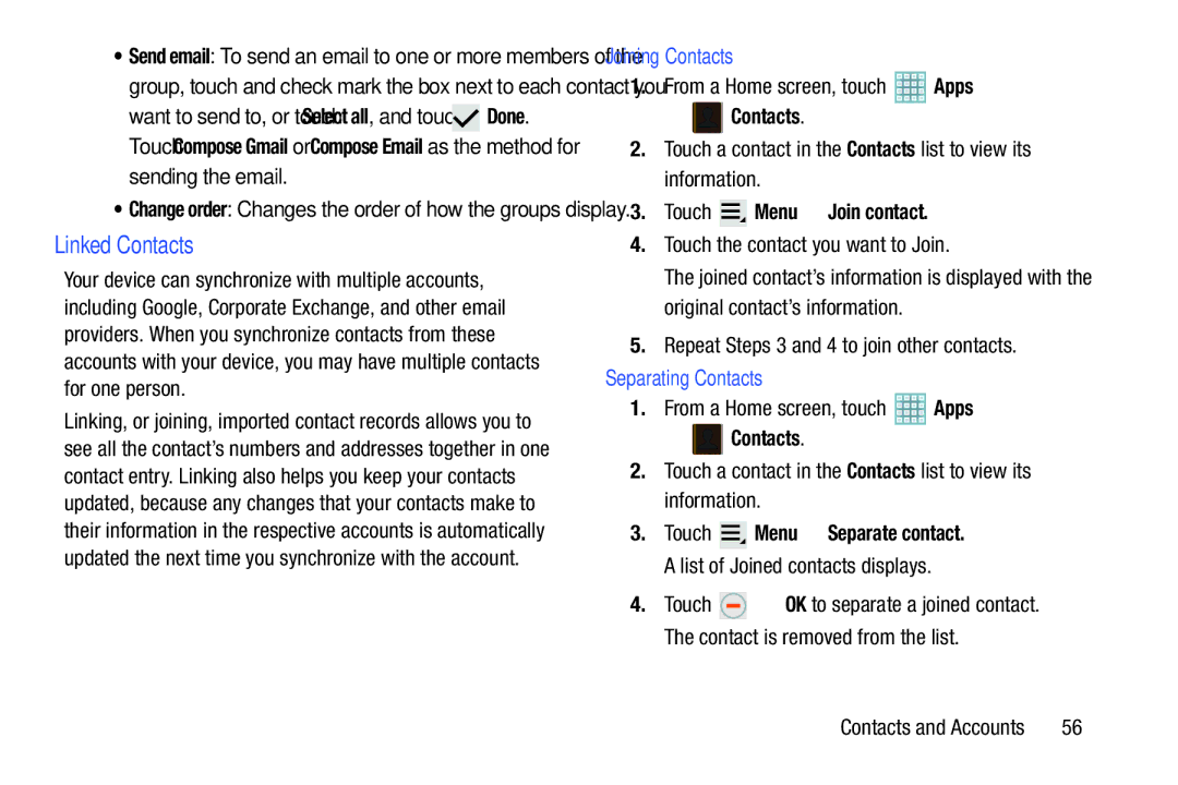 Samsung GT-P5113ZWYXAR Linked Contacts, Sending the email, Joining Contacts, Touch Menu Join contact, Separating Contacts 