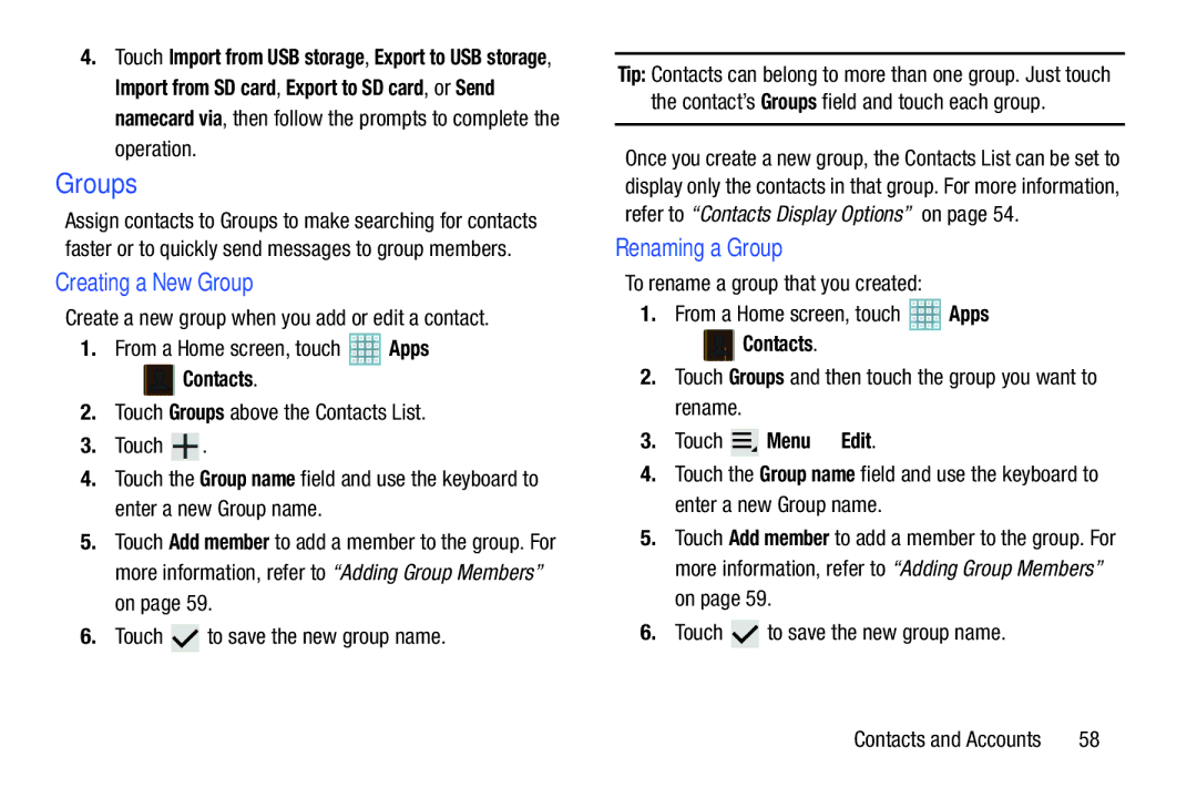 Samsung GT-P5113ZWYXAR user manual Groups, Creating a New Group, Renaming a Group 