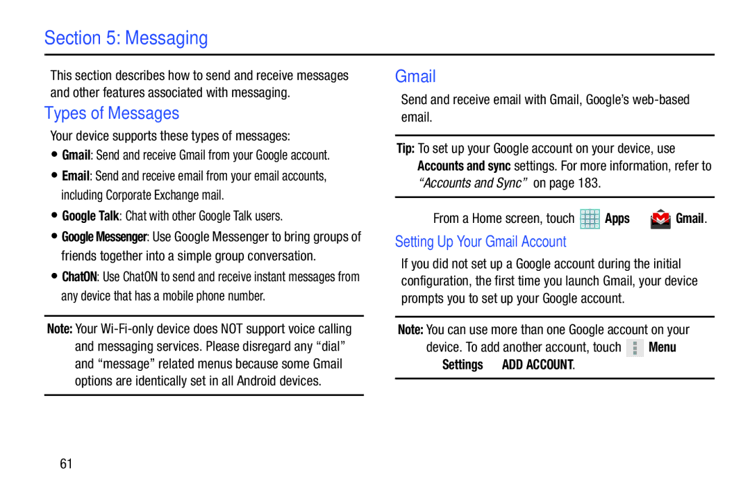 Samsung GT-P5113ZWYXAR user manual Messaging, Types of Messages, Setting Up Your Gmail Account, Settings ADD Account 