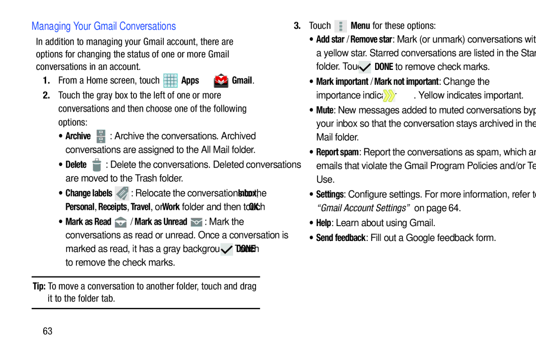 Samsung GT-P5113ZWYXAR user manual Managing Your Gmail Conversations, Folder. Touch Done to remove check marks 