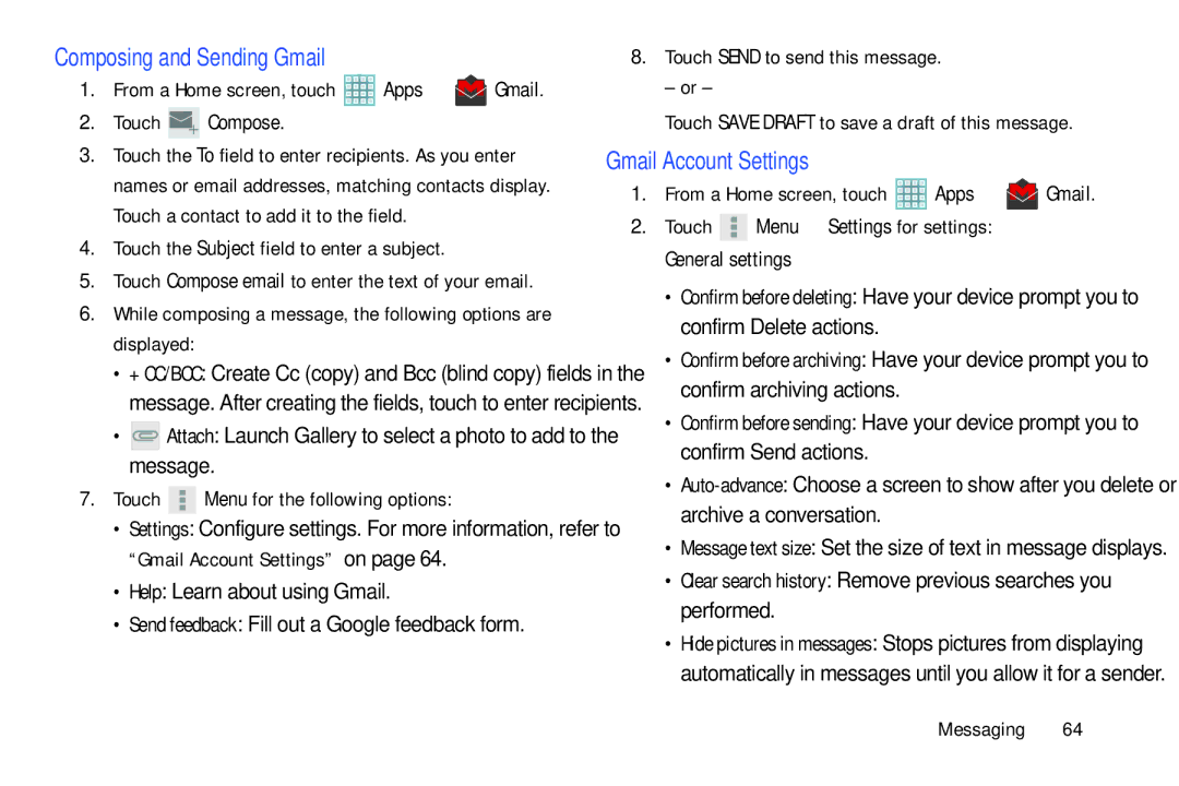 Samsung GT-P5113ZWYXAR user manual Composing and Sending Gmail, Gmail Account Settings, Touch Compose, General settings 