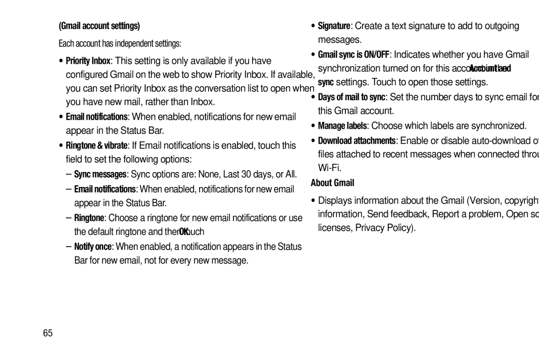 Samsung GT-P5113ZWYXAR user manual Gmail account settings, Each account has independent settings, About Gmail 