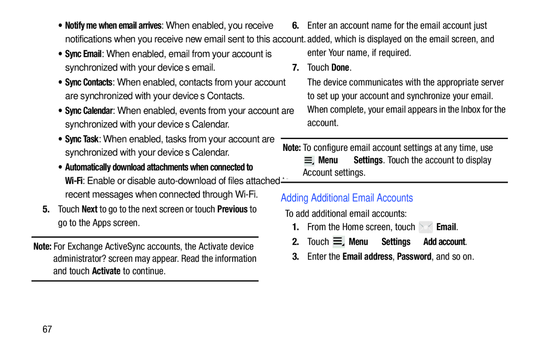 Samsung GT-P5113ZWYXAR user manual Adding Additional Email Accounts, Account settings, Touch Menu Settings Add account 