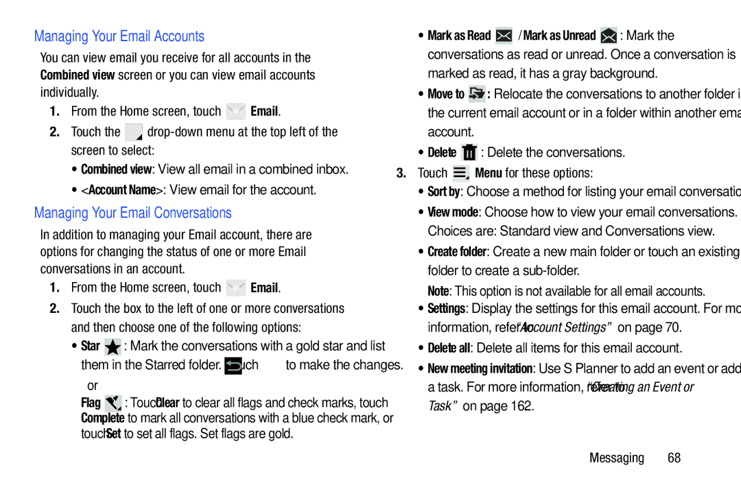 Samsung GT-P5113ZWYXAR user manual Managing Your Email Accounts, Managing Your Email Conversations 