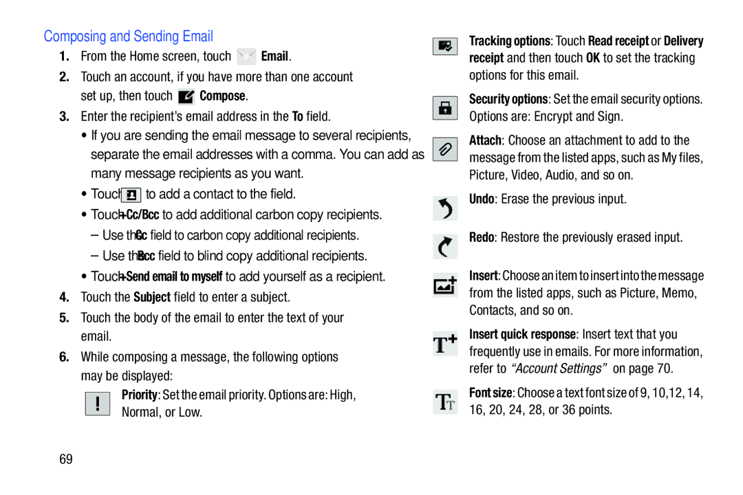 Samsung GT-P5113ZWYXAR user manual Composing and Sending Email, Options are Encrypt and Sign 