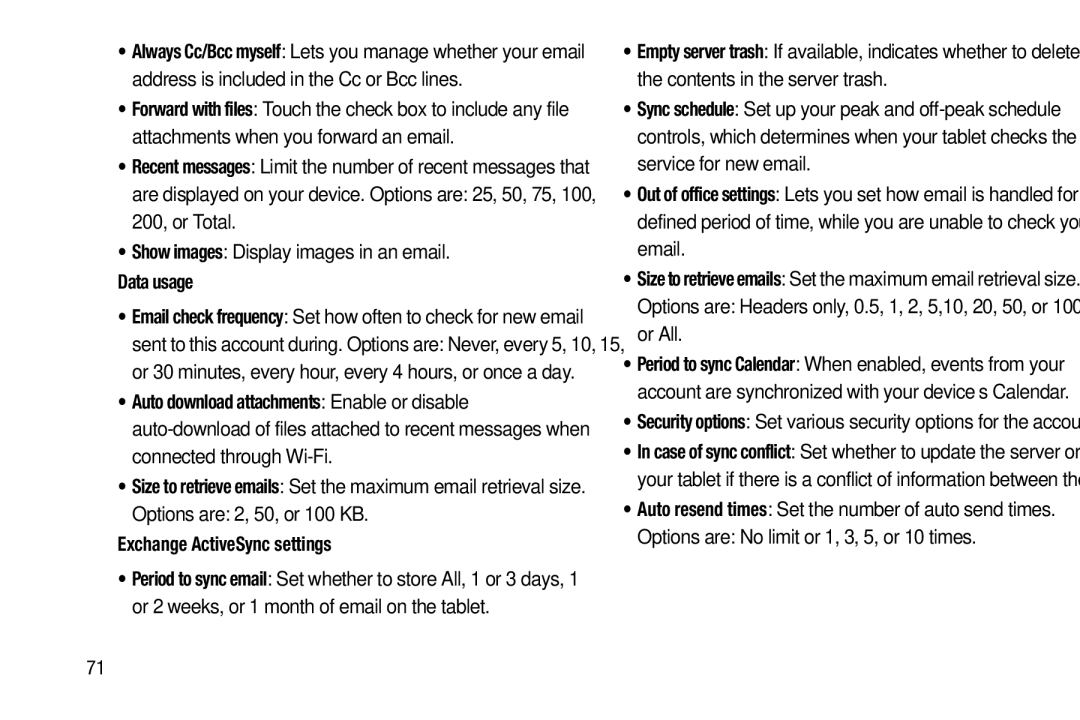 Samsung GT-P5113ZWYXAR user manual Data usage, Options are 2, 50, or 100 KB, Exchange ActiveSync settings 