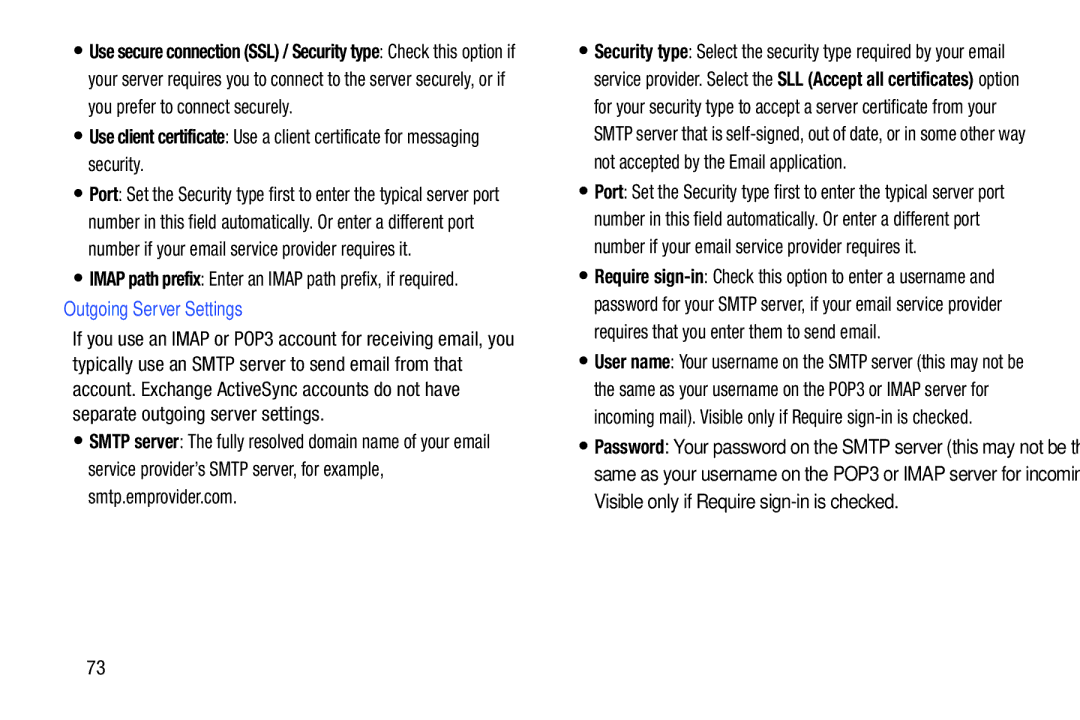 Samsung GT-P5113ZWYXAR user manual Outgoing Server Settings, Imap path prefix Enter an Imap path prefix, if required 