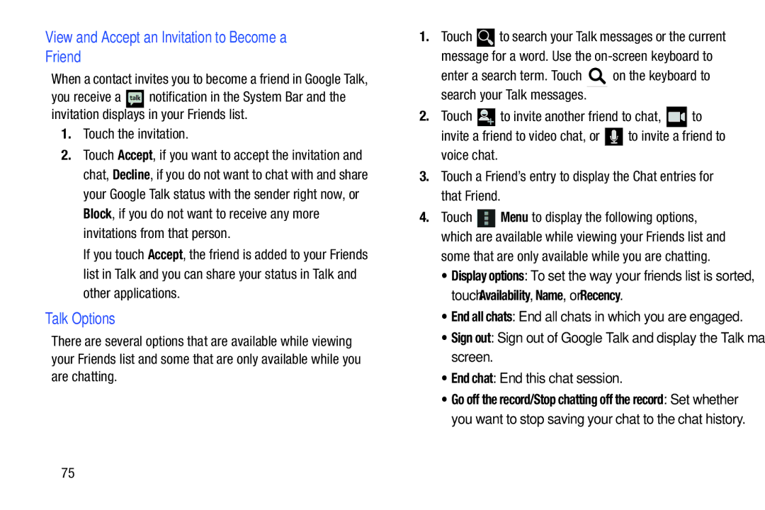 Samsung GT-P5113ZWYXAR user manual View and Accept an Invitation to Become a Friend, Talk Options 