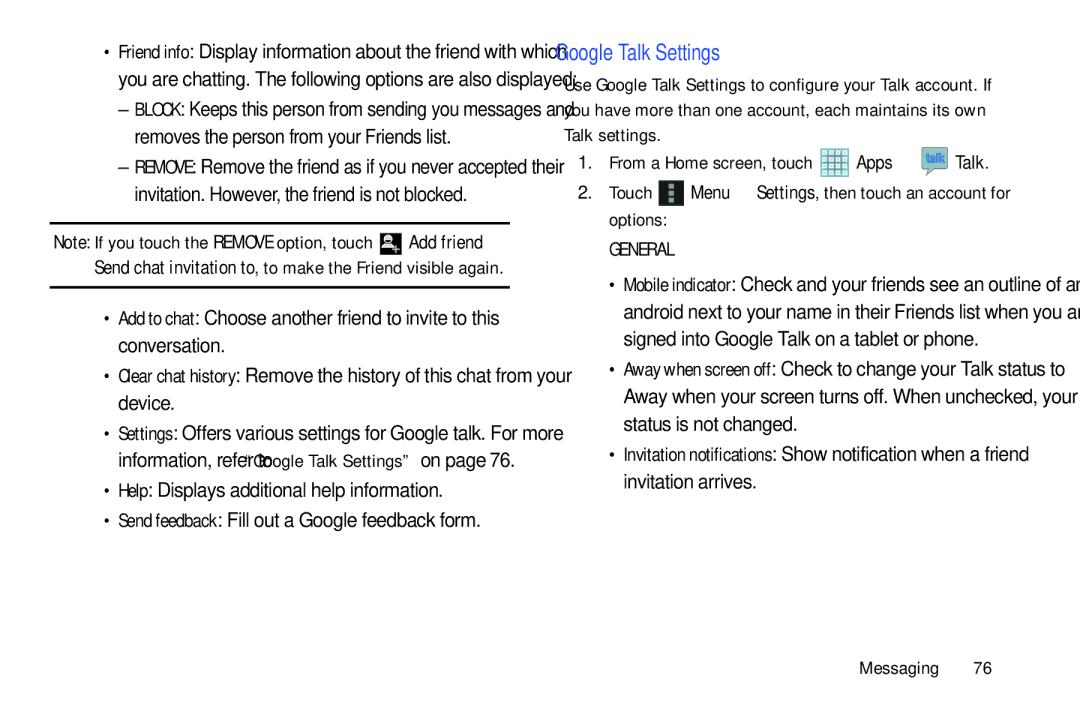 Samsung GT-P5113ZWYXAR user manual Google Talk Settings, Help Displays additional help information 