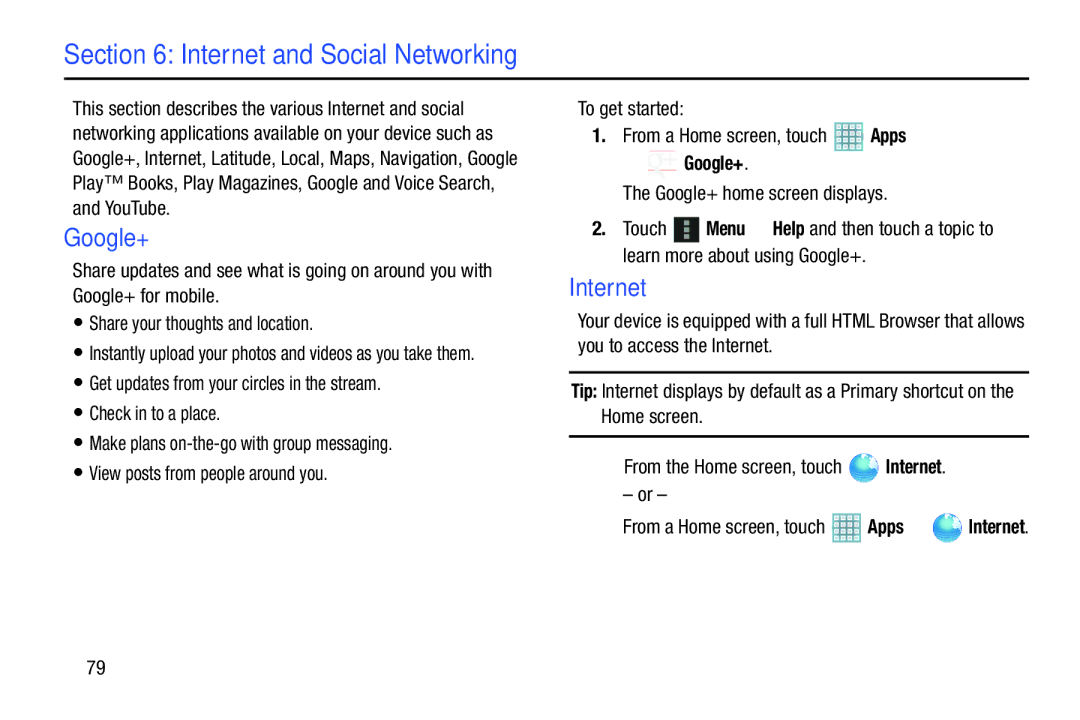 Samsung GT-P5113ZWYXAR user manual Internet and Social Networking, Google+ home screen displays 