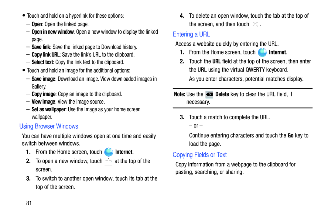 Samsung GT-P5113ZWYXAR user manual Using Browser Windows, Entering a URL, Copying Fields or Text, Screen, and then touch 