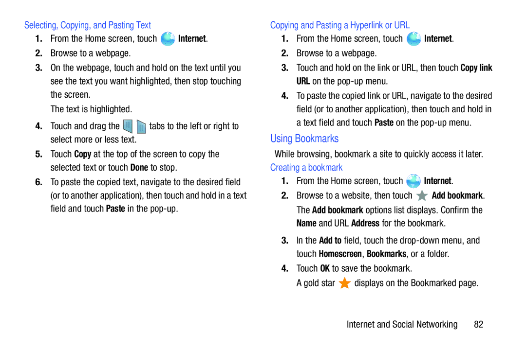 Samsung GT-P5113ZWYXAR Using Bookmarks, Selecting, Copying, and Pasting Text, Copying and Pasting a Hyperlink or URL 