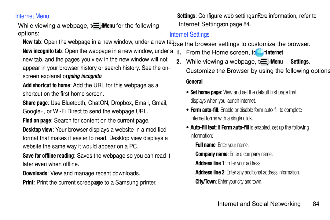 Samsung GT-P5113ZWYXAR user manual Internet Menu, Internet Settings, Downloads View and manage recent downloads, General 