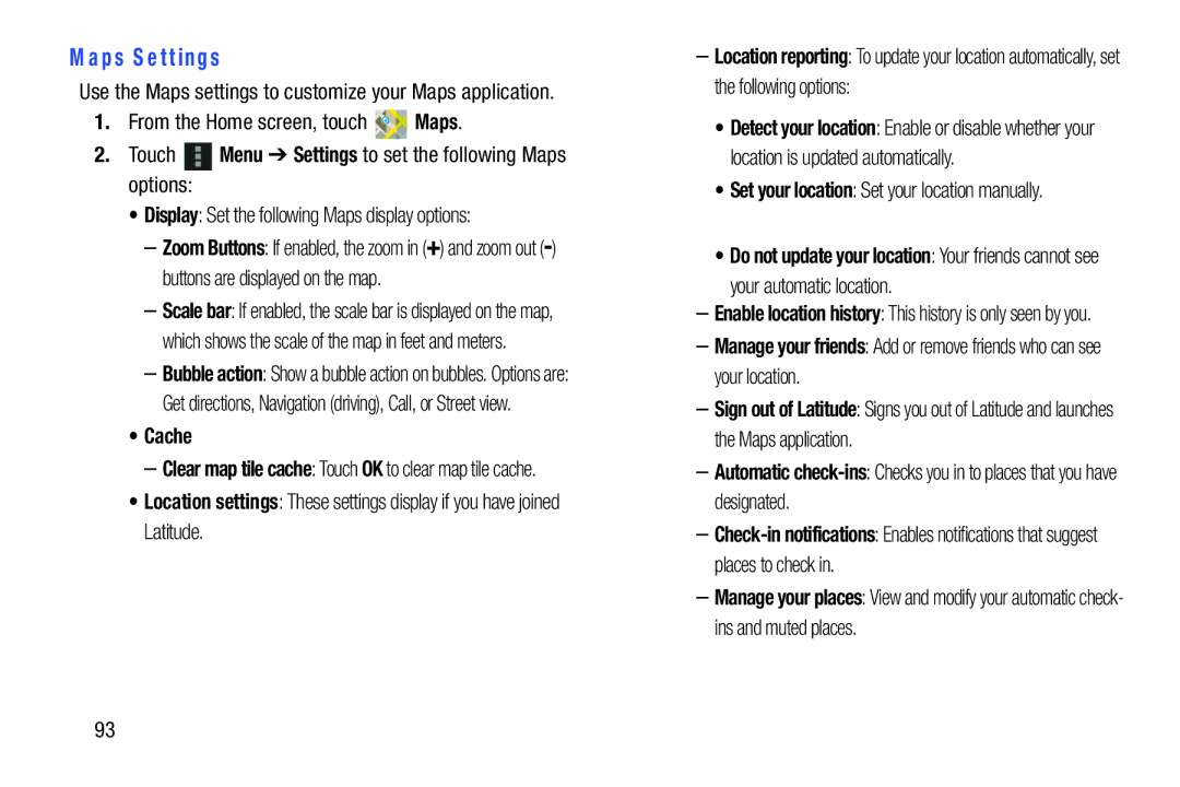 Samsung GT-P5113ZWYXAR user manual Maps Settings, Cache, Set your location Set your location manually 