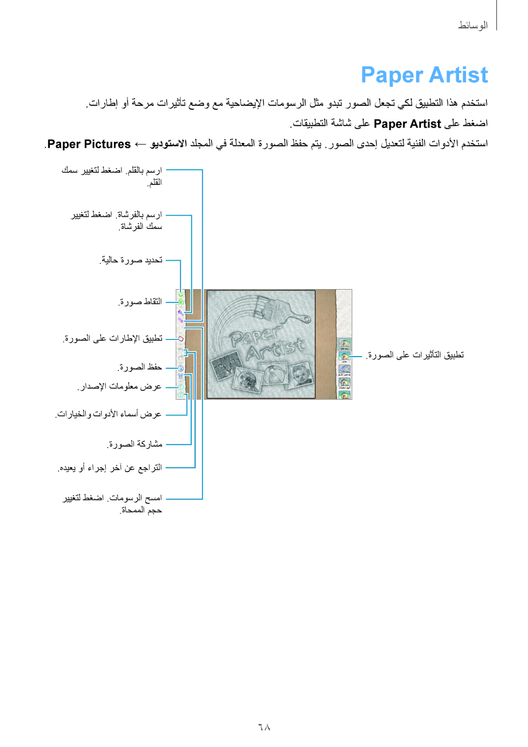 Samsung GT-P5200ZWATHR, GT-P5200GNASAC, GT-P5200GNATHR, GT-P5200GRATHR manual تاقيبطتلا ةشاش ىلع Paper Artist ىلع طغضا 