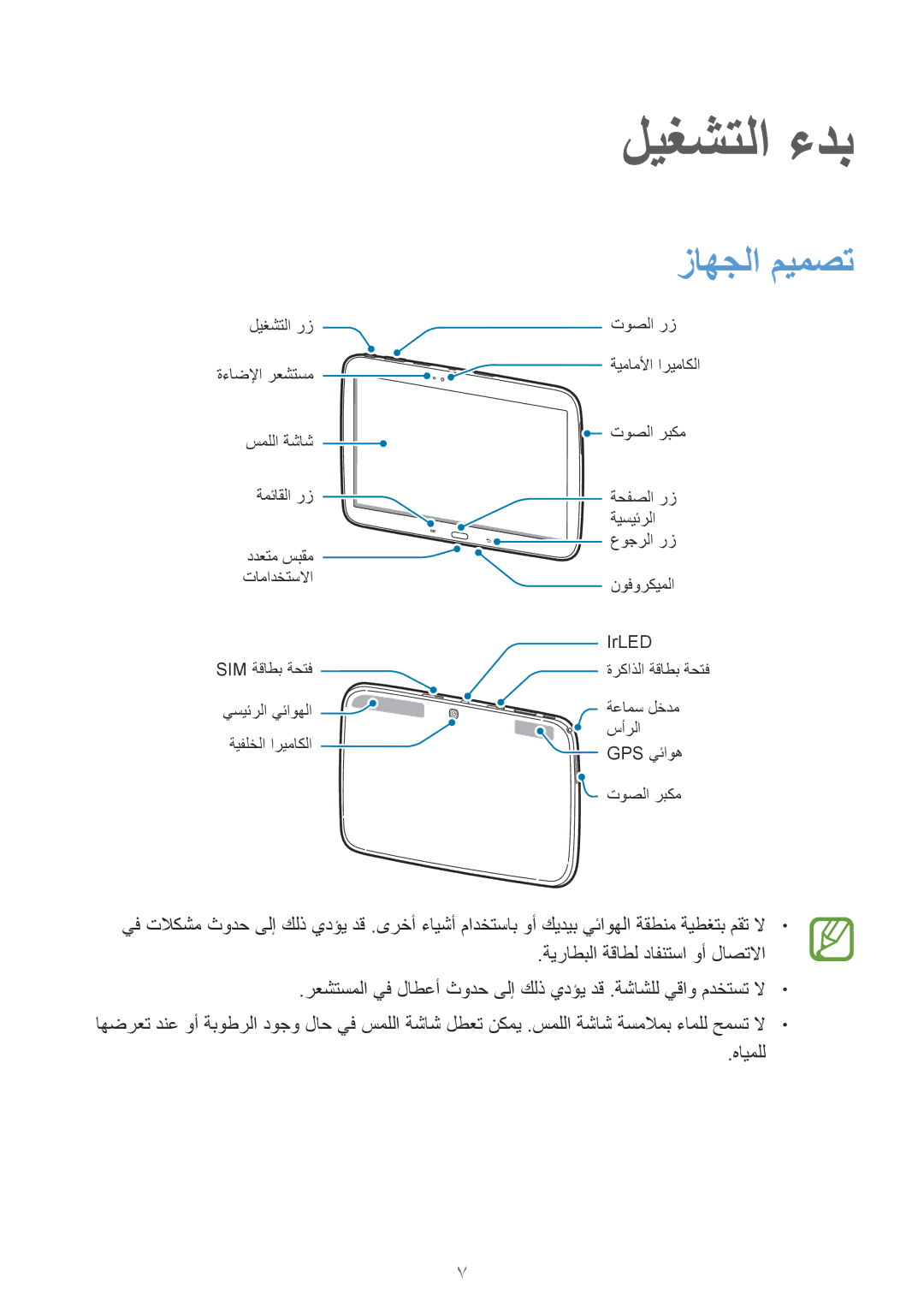 Samsung GT-P5200ZWAKSA, GT-P5200GNASAC, GT-P5200GNATHR, GT-P5200GRATHR, GT-P5200MKASAC manual ليغشتلا ءدب, زاهجلا ميمصت, هايملل 