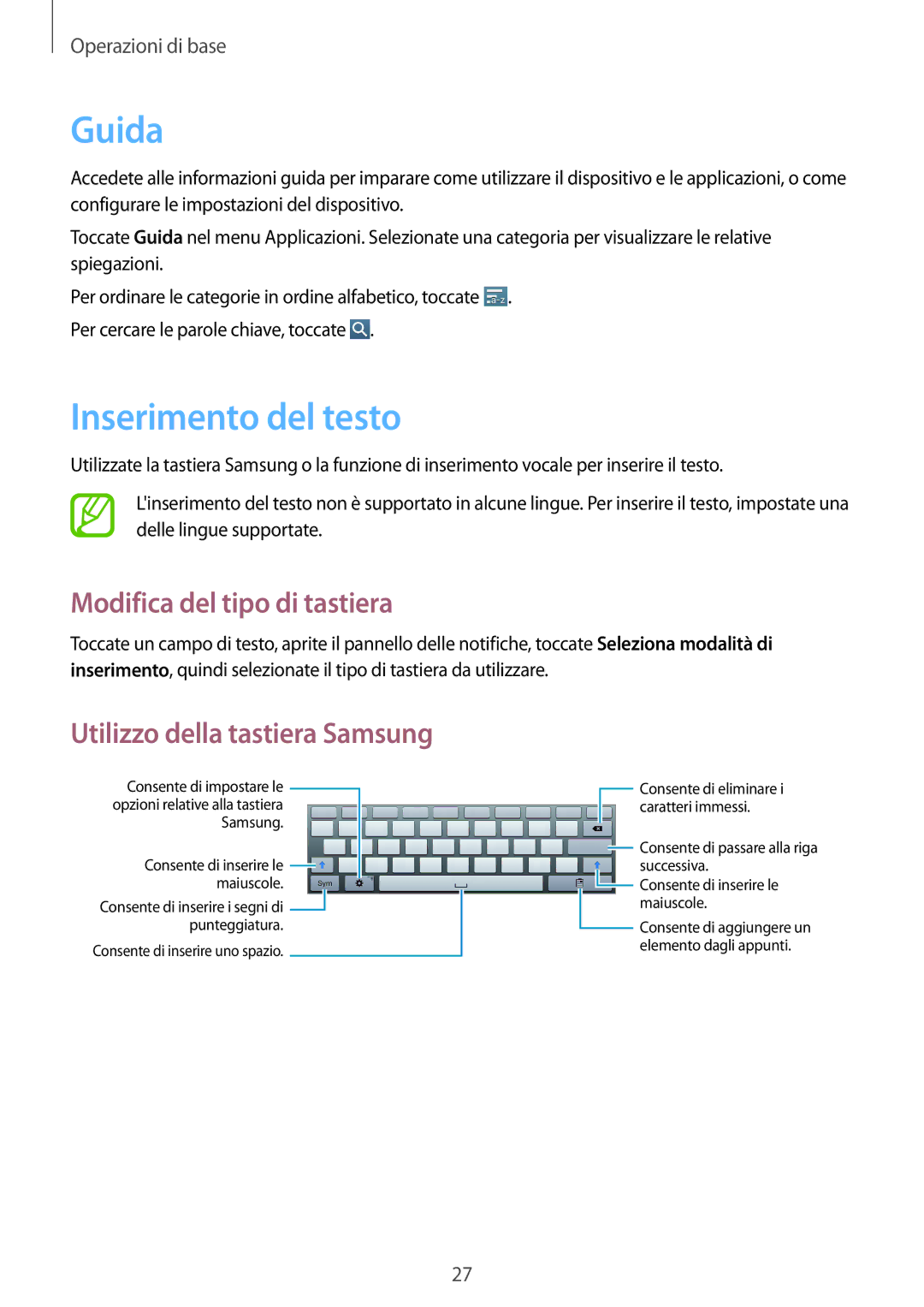 Samsung GT-P5200GNADBT manual Guida, Inserimento del testo, Modifica del tipo di tastiera, Utilizzo della tastiera Samsung 