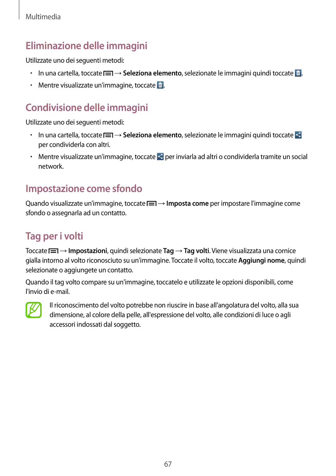 Samsung GT-P5200ZWAXEO Eliminazione delle immagini, Condivisione delle immagini, Impostazione come sfondo, Tag per i volti 