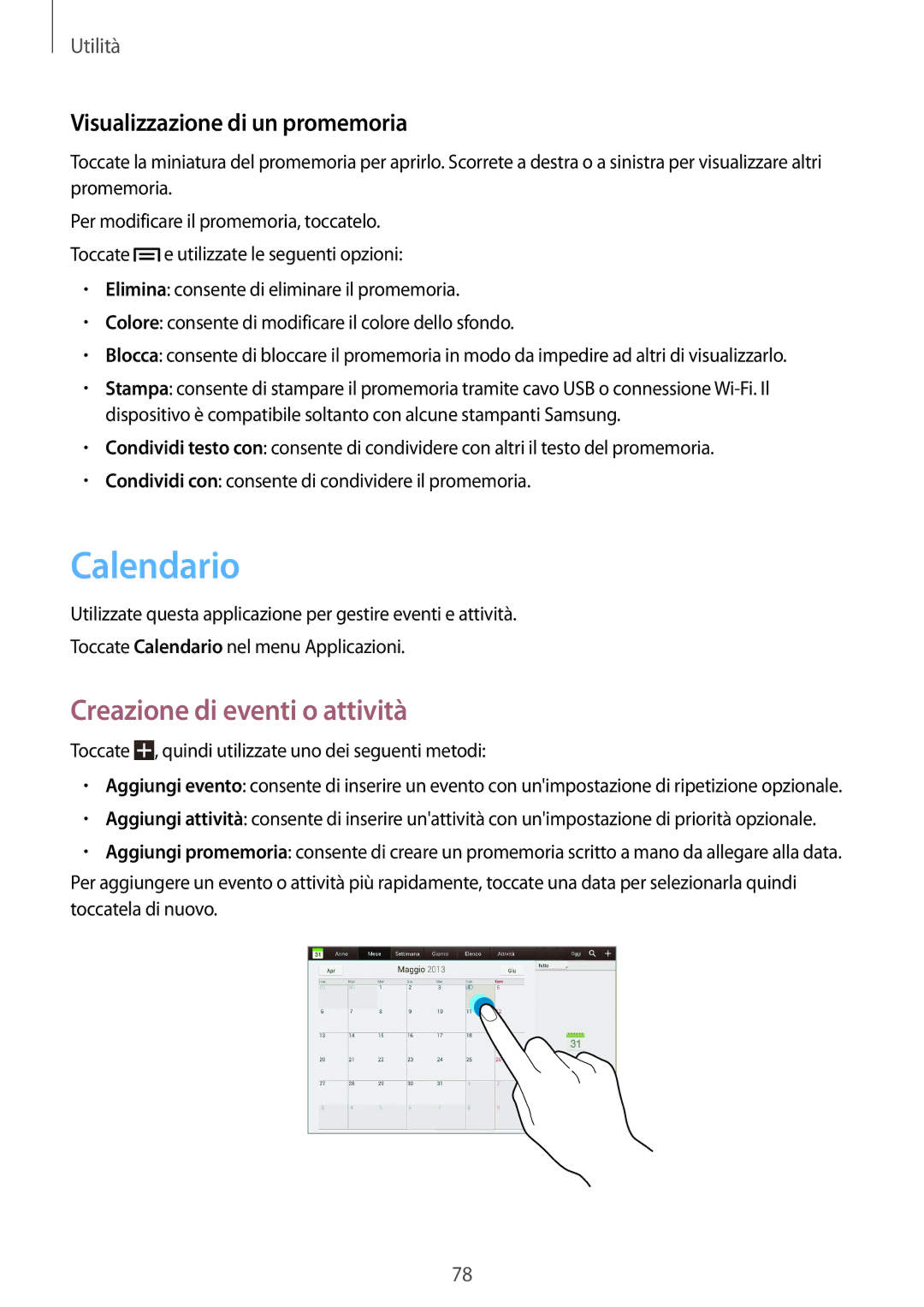 Samsung GT-P5200MKADBT, GT-P5200GNADBT manual Calendario, Creazione di eventi o attività, Visualizzazione di un promemoria 