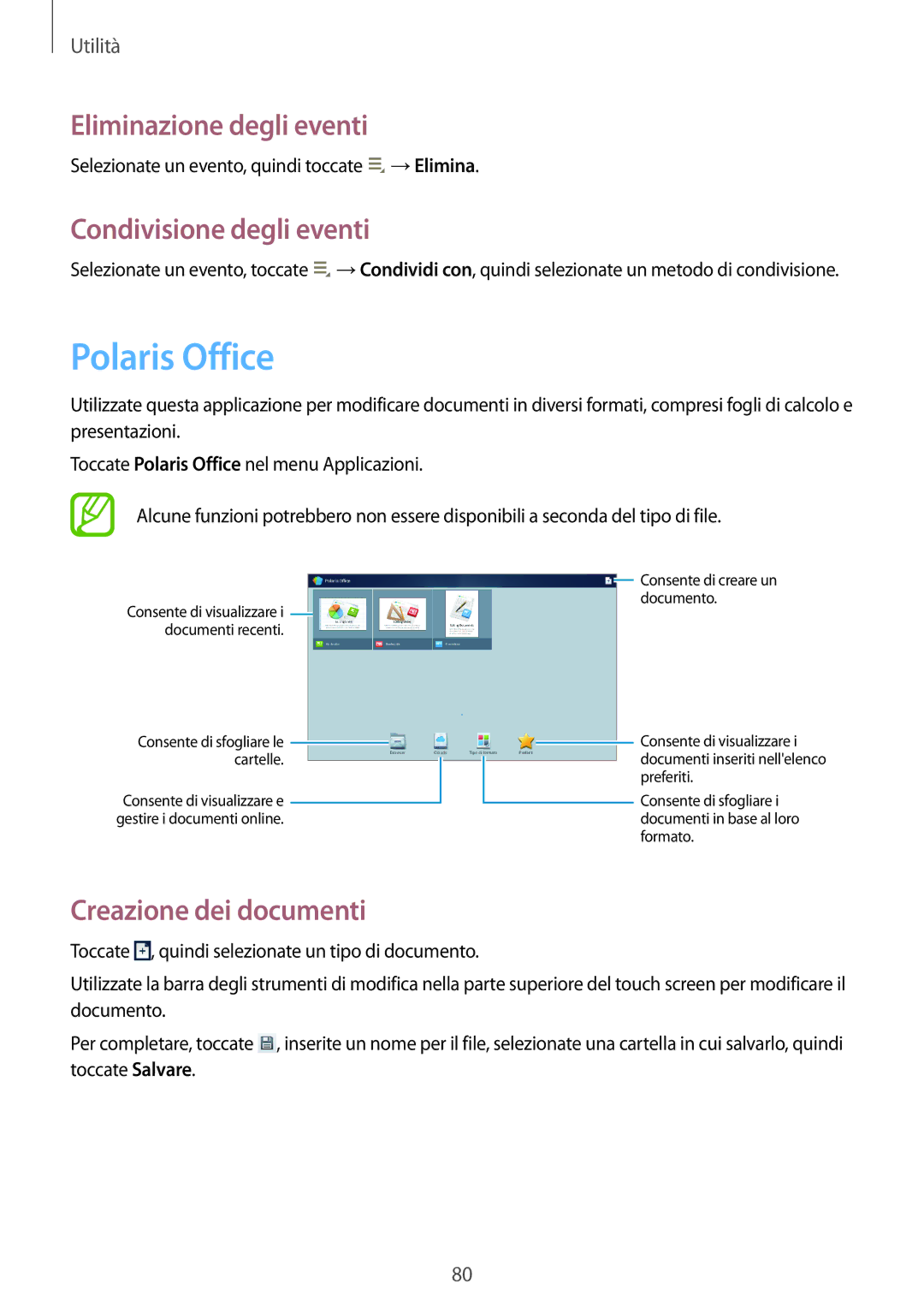 Samsung GT-P5200ZWAXEO manual Polaris Office, Eliminazione degli eventi, Condivisione degli eventi, Creazione dei documenti 