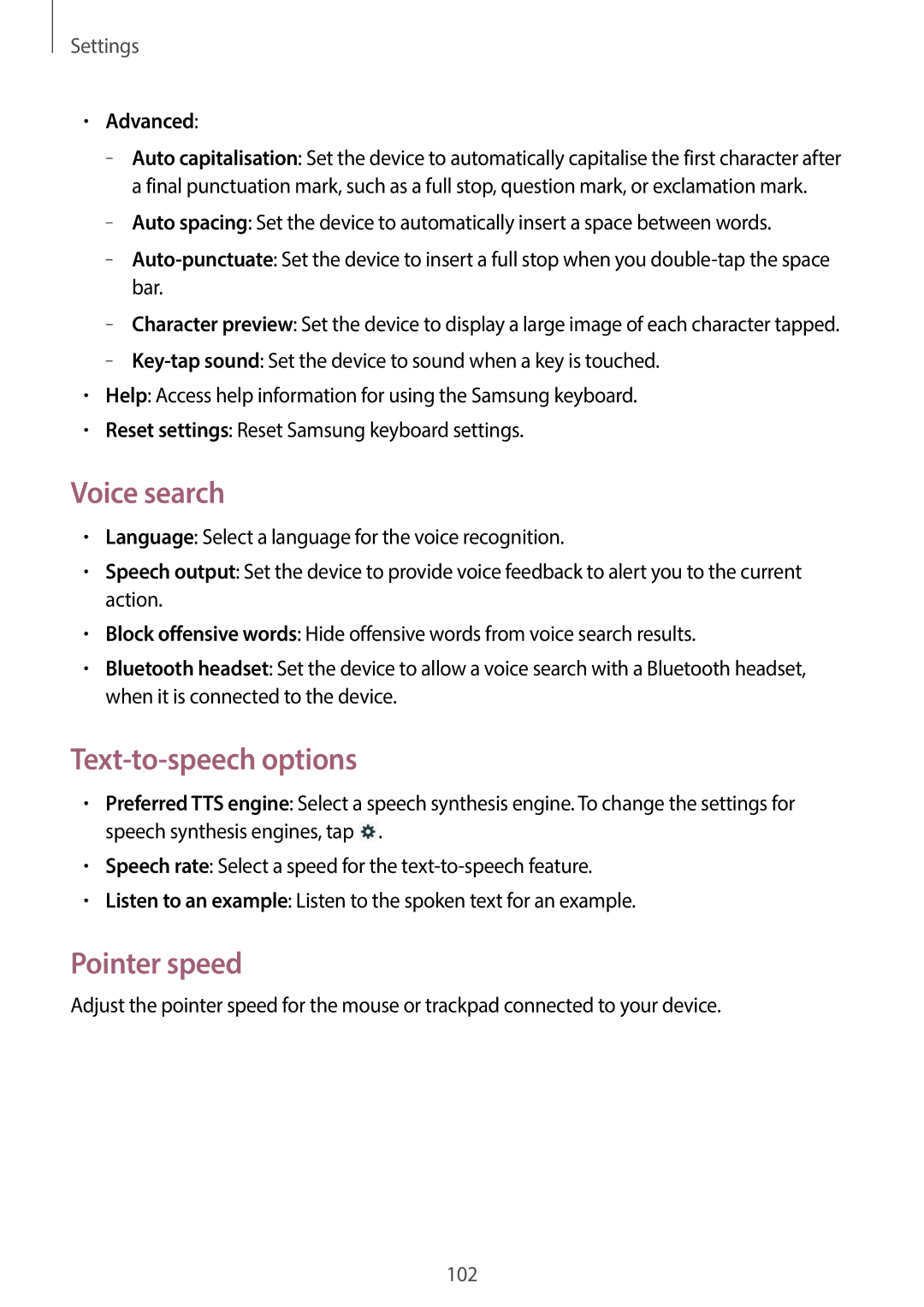 Samsung GT-P5200ZWASAC, GT-P5200MKADBT, GT-P5200ZWATPH manual Voice search, Text-to-speech options, Pointer speed, Advanced 
