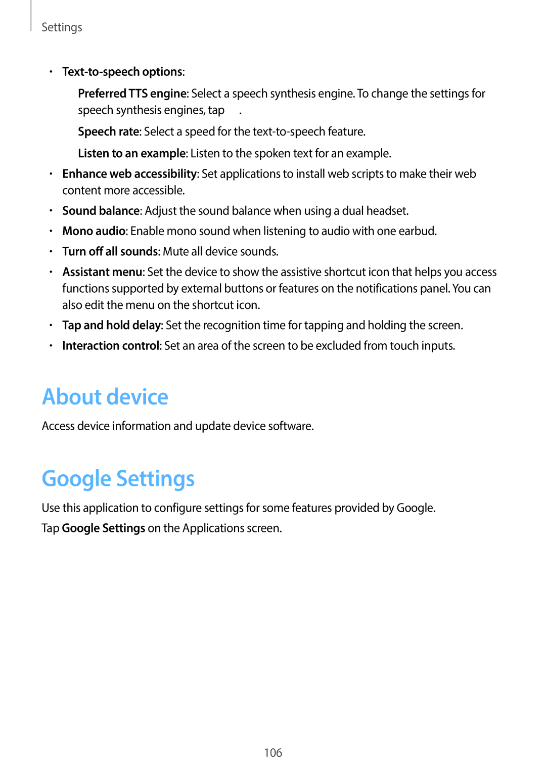 Samsung GT-P5200ZWATHR, GT-P5200MKADBT, GT-P5200ZWATPH, GT-P5200ZWAEUR About device, Google Settings, Text-to-speech options 