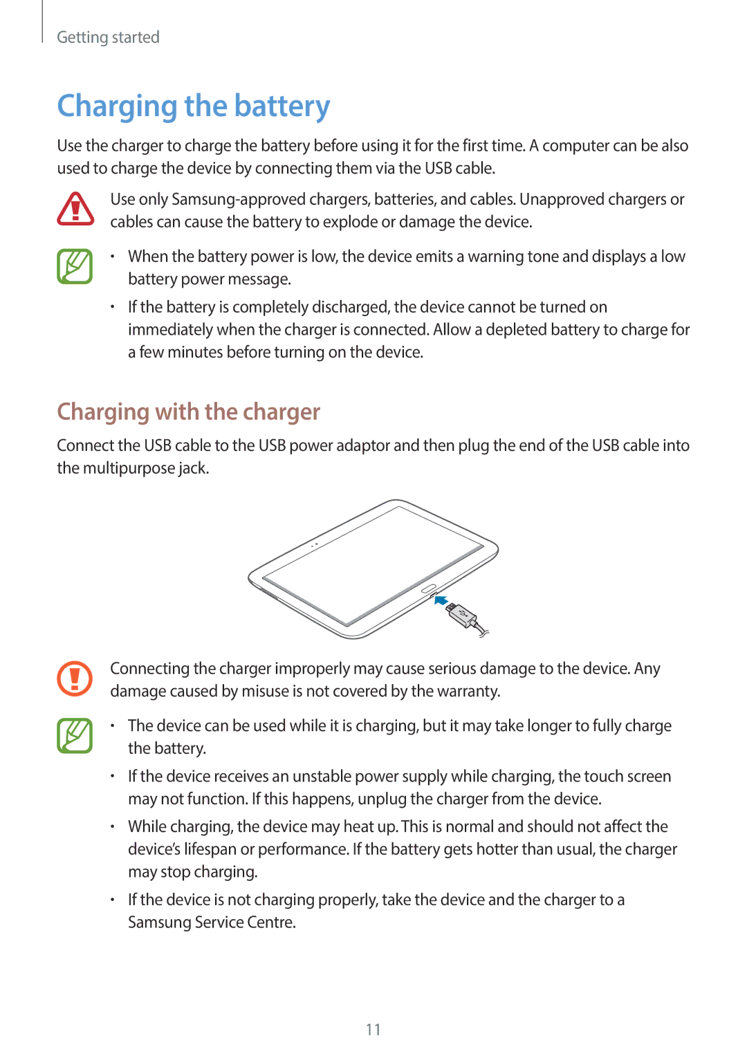 Samsung GT-P5200ZWATPL, GT-P5200MKADBT, GT-P5200ZWATPH, GT-P5200ZWAEUR manual Charging the battery, Charging with the charger 