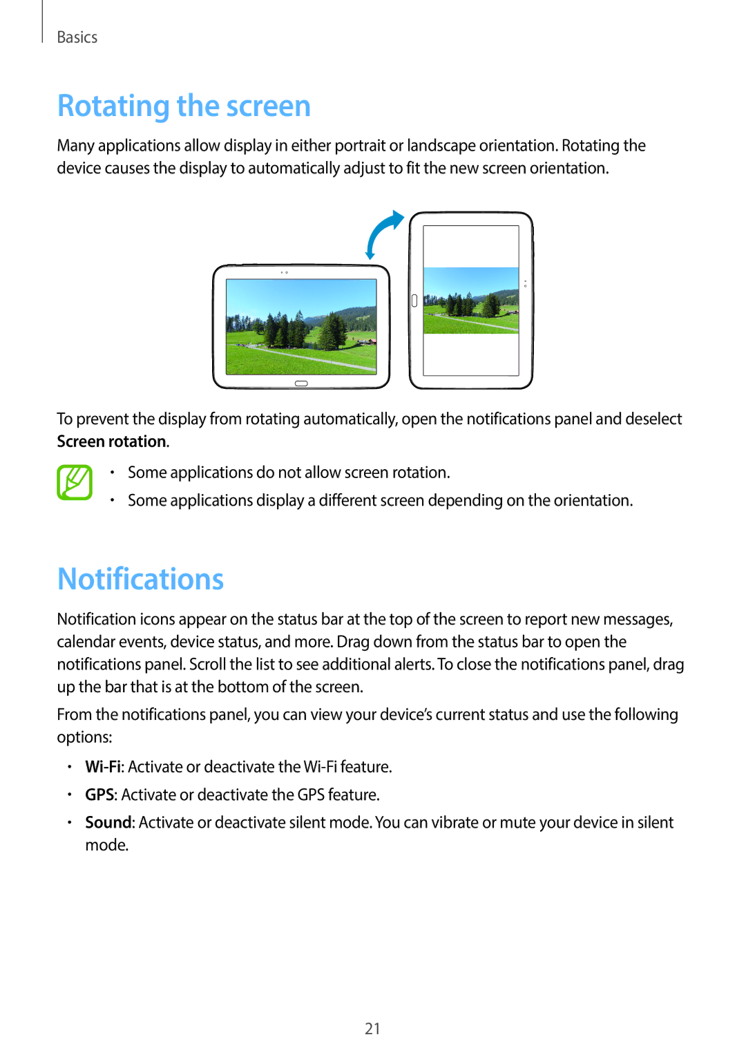 Samsung GT-P5200MKAXEZ, GT-P5200MKADBT, GT-P5200ZWATPH, GT-P5200ZWAEUR, GT-P5200GNADBT Rotating the screen, Notifications 