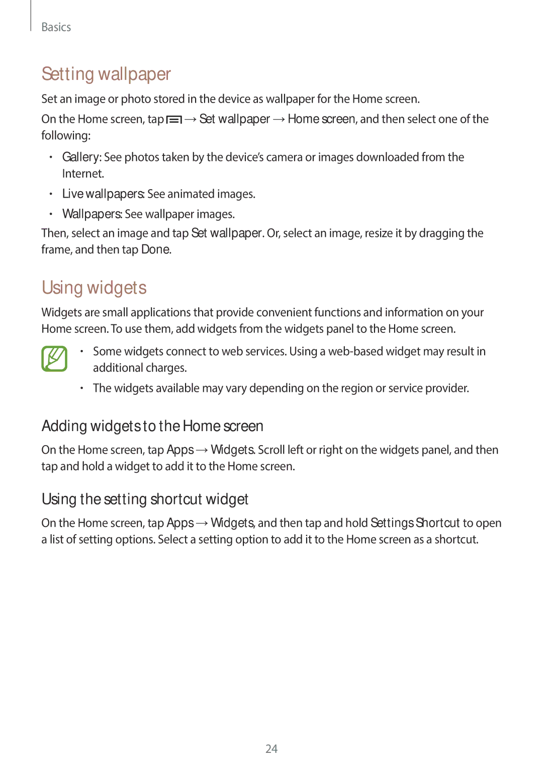 Samsung GT-P5200ZWAPHE, GT-P5200MKADBT, GT-P5200ZWATPH Setting wallpaper, Using widgets, Adding widgets to the Home screen 