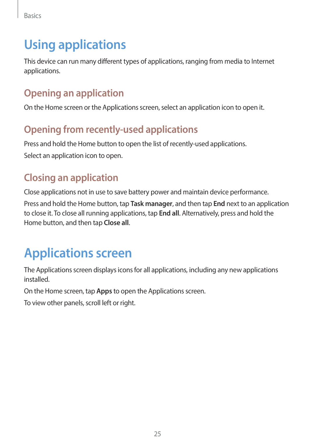 Samsung GT-P5200GNAAMN manual Using applications, Applications screen, Opening an application, Closing an application 