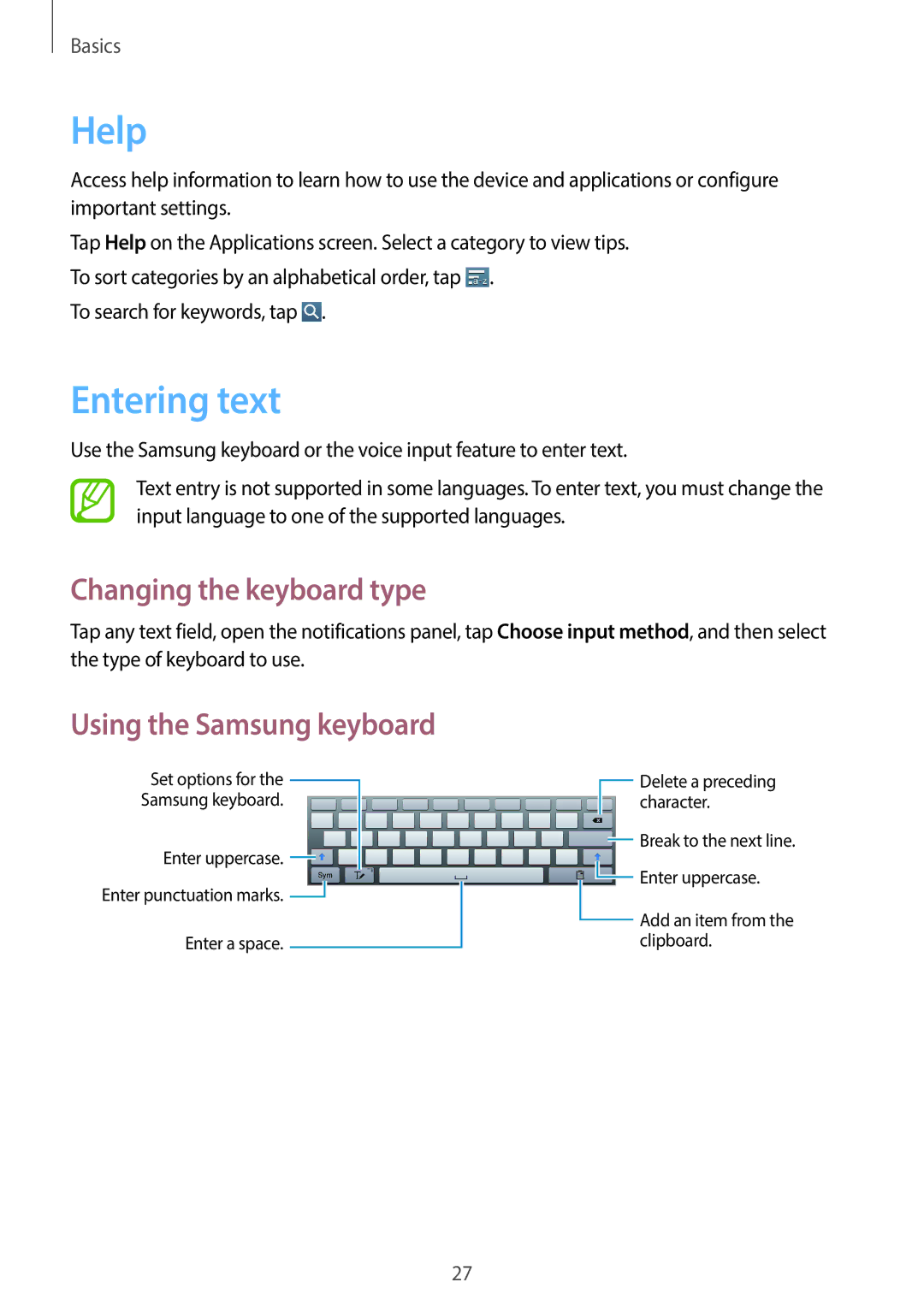 Samsung GT-P5200GNASAC, GT-P5200MKADBT manual Help, Entering text, Changing the keyboard type, Using the Samsung keyboard 