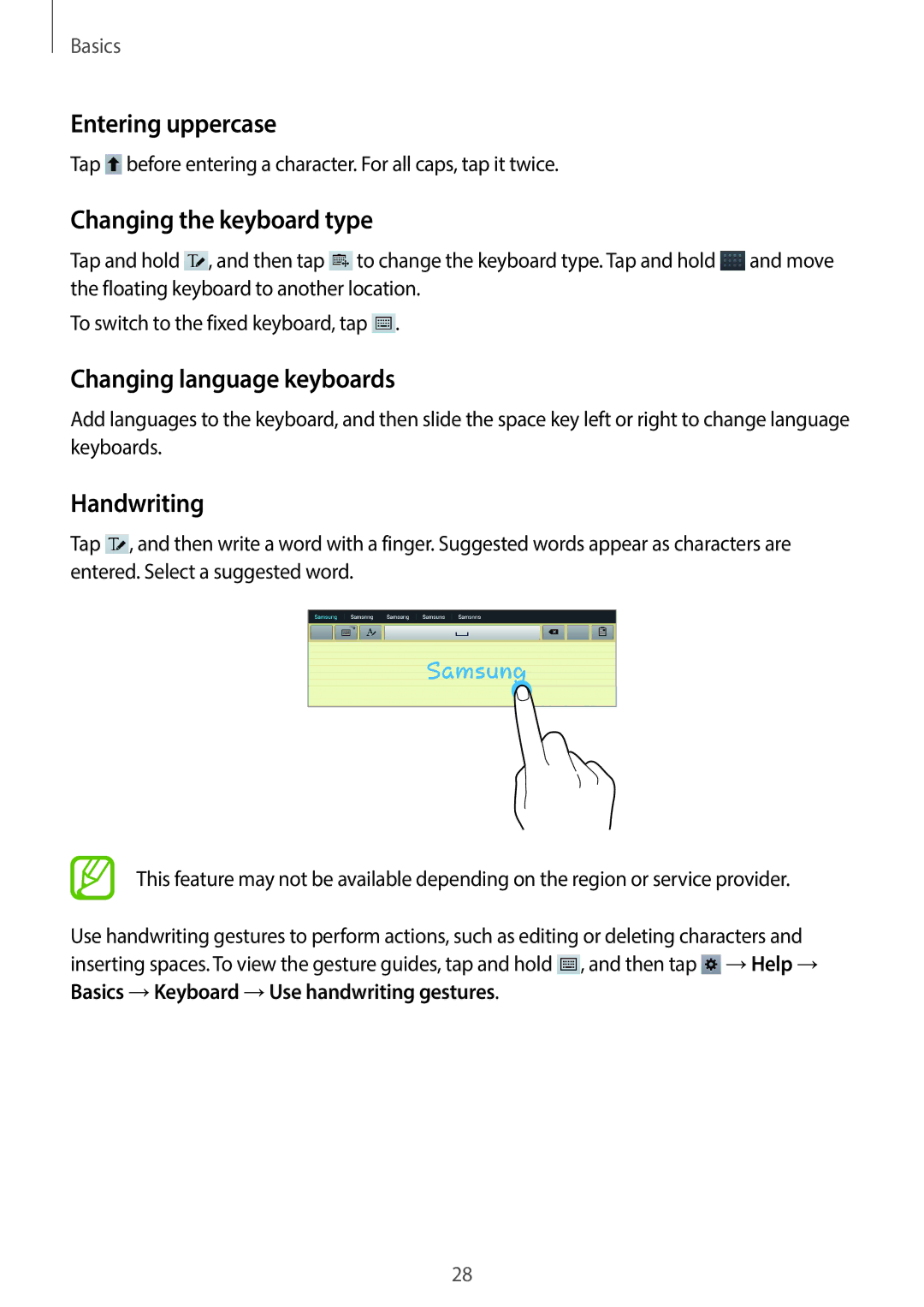 Samsung GT-P5200GNATHR manual Entering uppercase, Changing the keyboard type, Changing language keyboards, Handwriting 