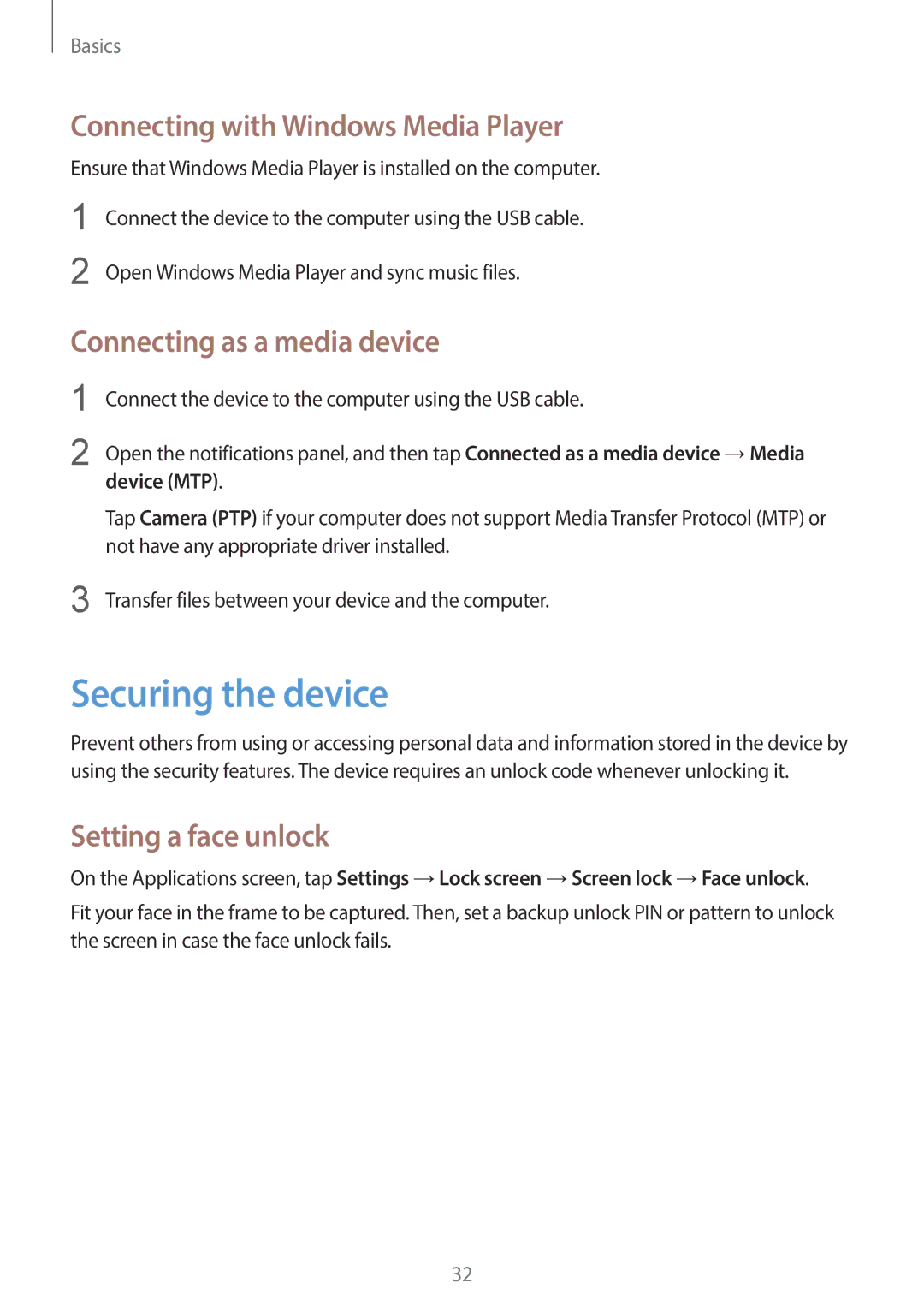 Samsung GT-P5200MKATHR Securing the device, Connecting with Windows Media Player, Connecting as a media device, Device MTP 