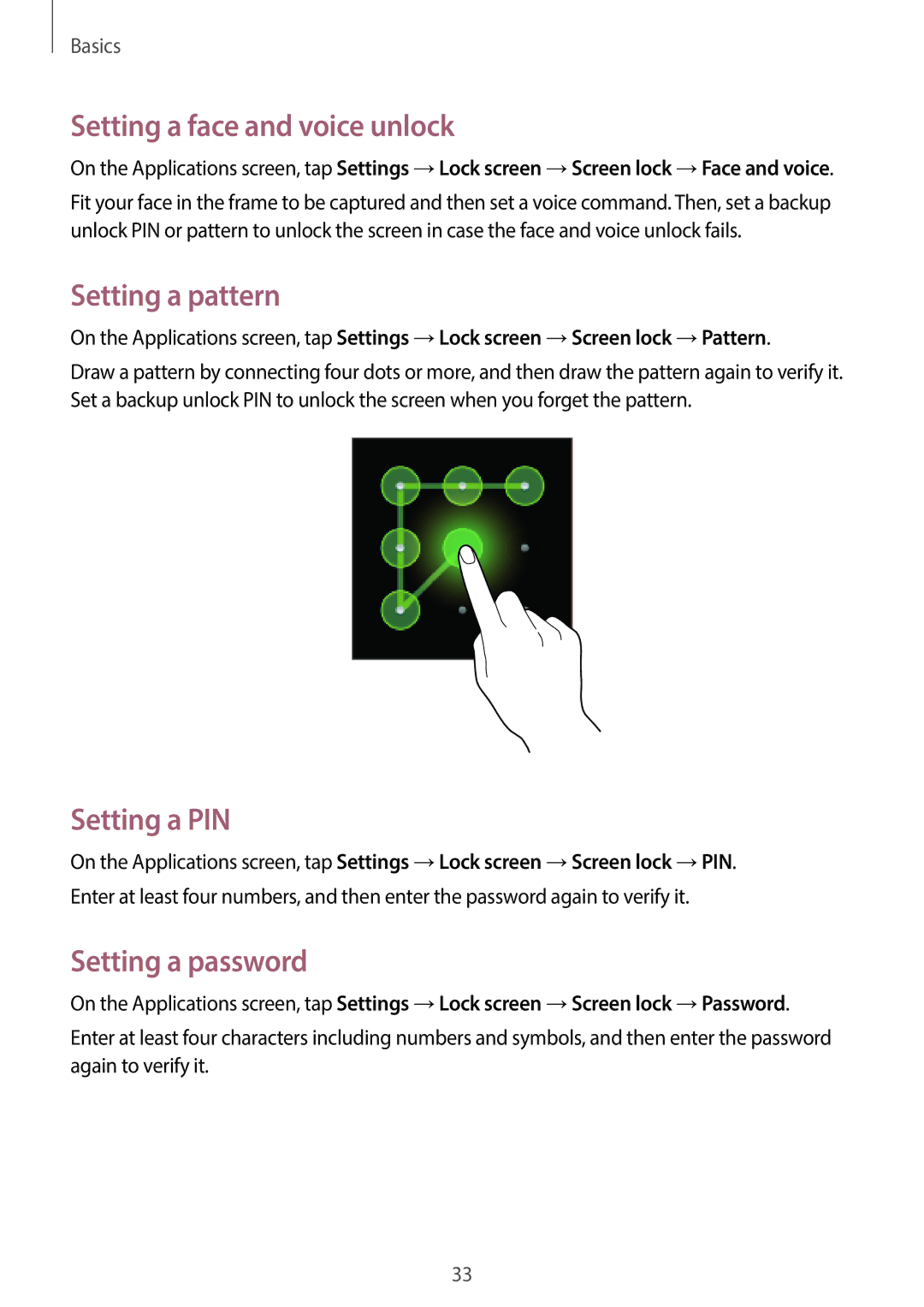 Samsung GT-P5200GNATUN manual Setting a face and voice unlock, Setting a pattern, Setting a PIN, Setting a password 