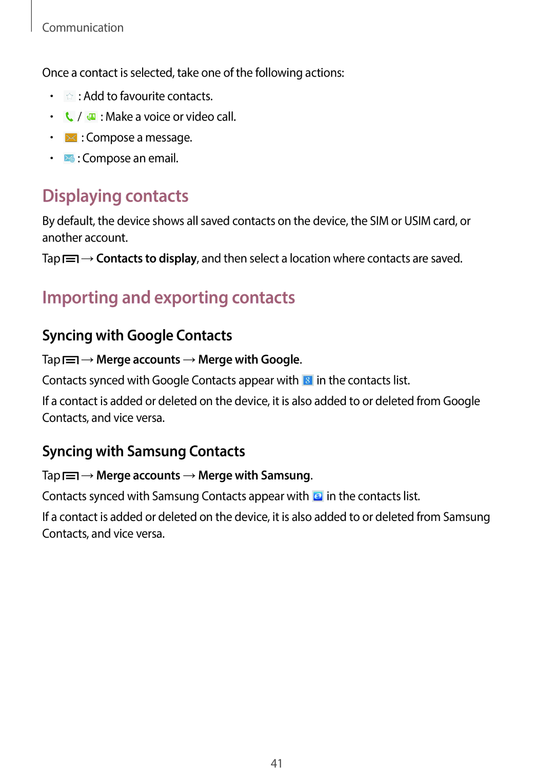 Samsung GT-P5200GNABGL, GT-P5200MKADBT Displaying contacts, Importing and exporting contacts, Syncing with Google Contacts 