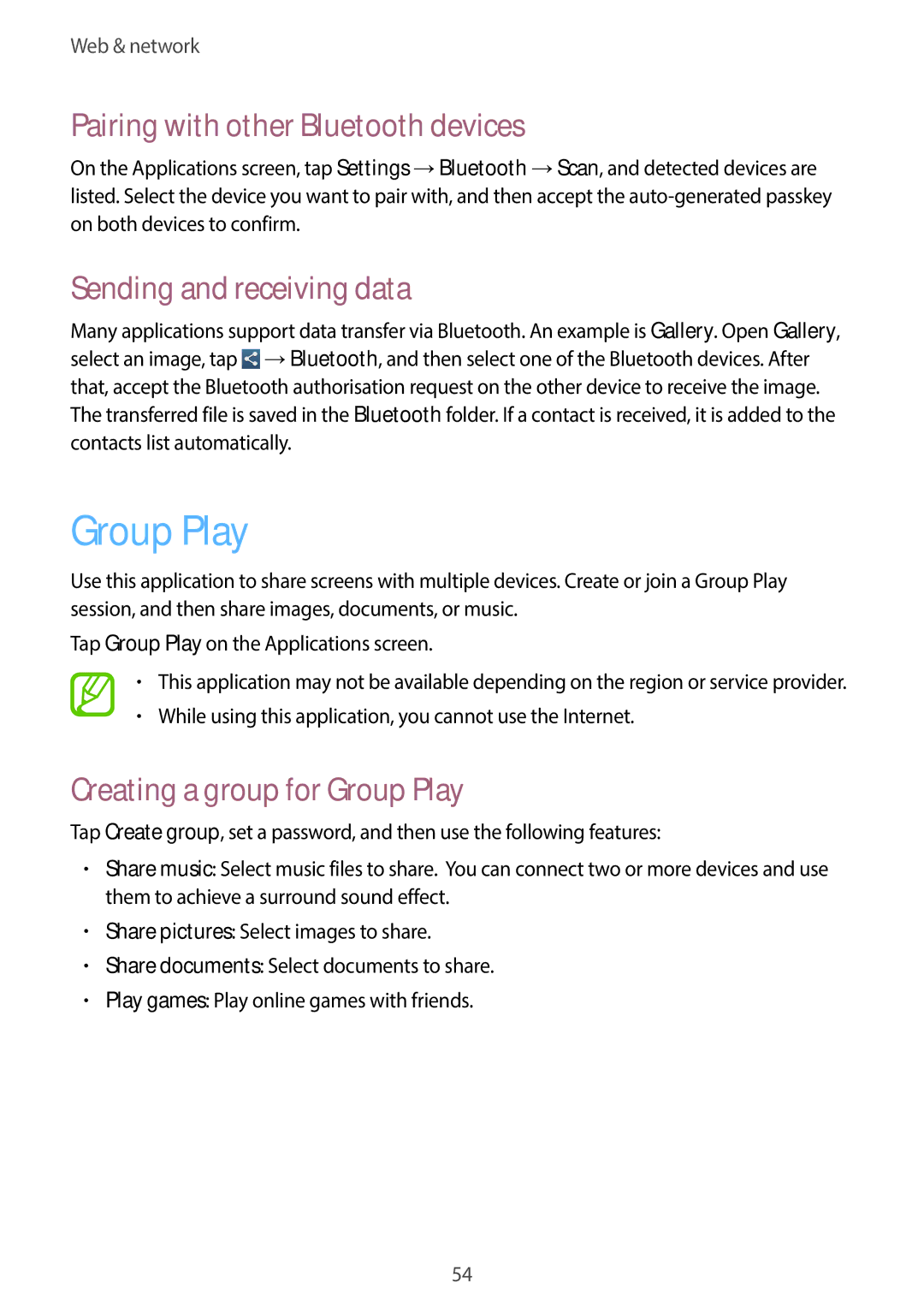 Samsung GT-P5200ZWACYV, GT-P5200MKADBT manual Group Play, Pairing with other Bluetooth devices, Sending and receiving data 