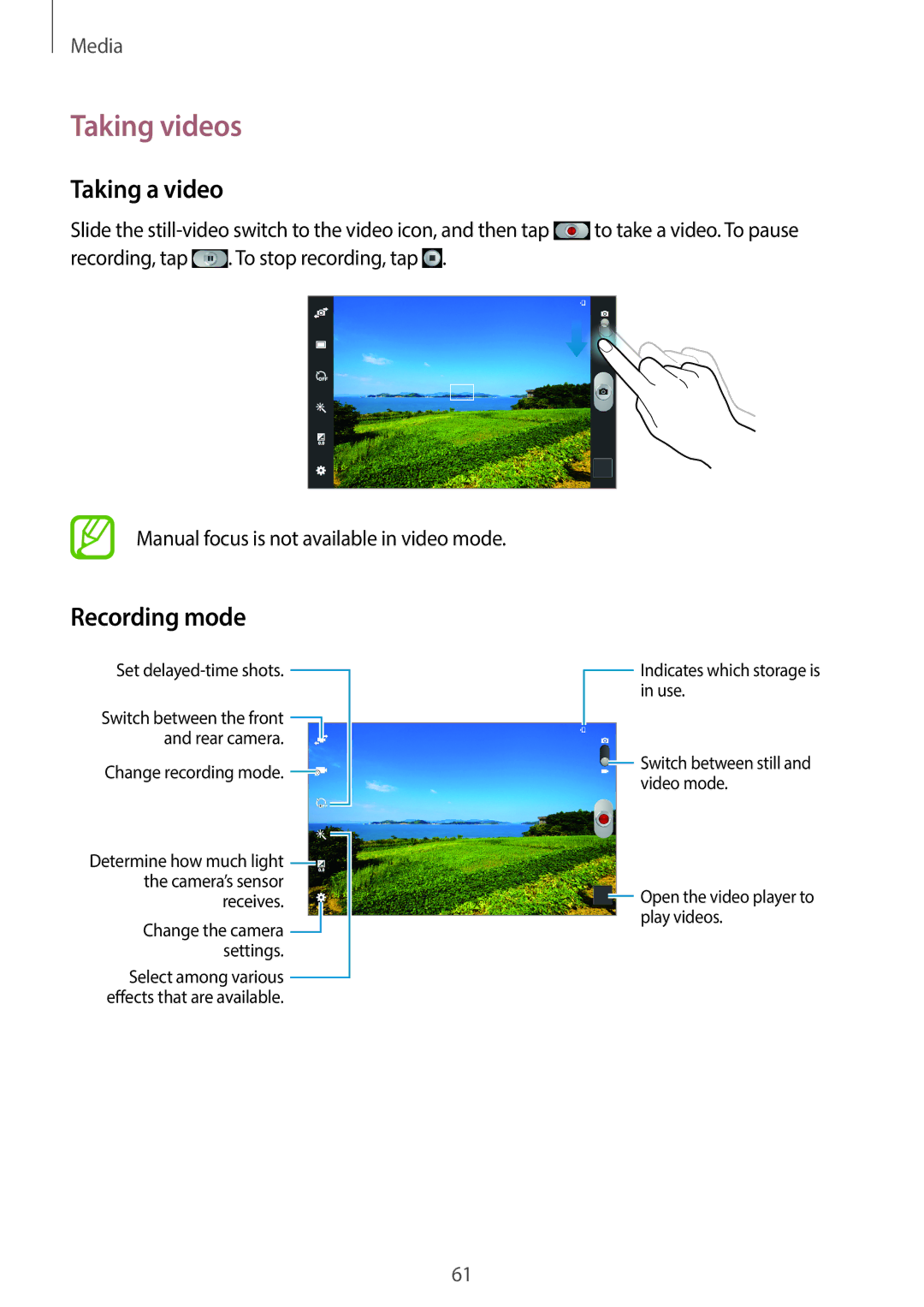 Samsung GT-P5200GNAMGF, GT-P5200MKADBT, GT-P5200ZWATPH, GT-P5200ZWAEUR manual Taking videos, Taking a video, Recording mode 