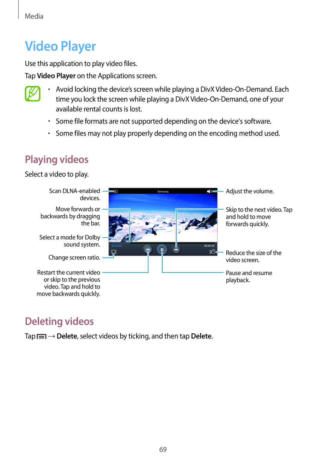 Samsung GT-P5200ZWAMGF, GT-P5200MKADBT, GT-P5200ZWATPH, GT-P5200ZWAEUR, GT-P5200GNADBT manual Video Player, Deleting videos 