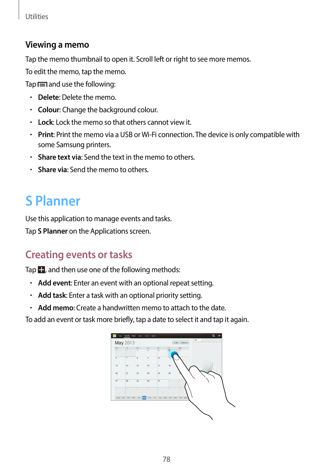 Samsung GT-P5200MKEATO, GT-P5200MKADBT, GT-P5200ZWATPH, GT-P5200ZWAEUR Planner, Creating events or tasks, Viewing a memo 